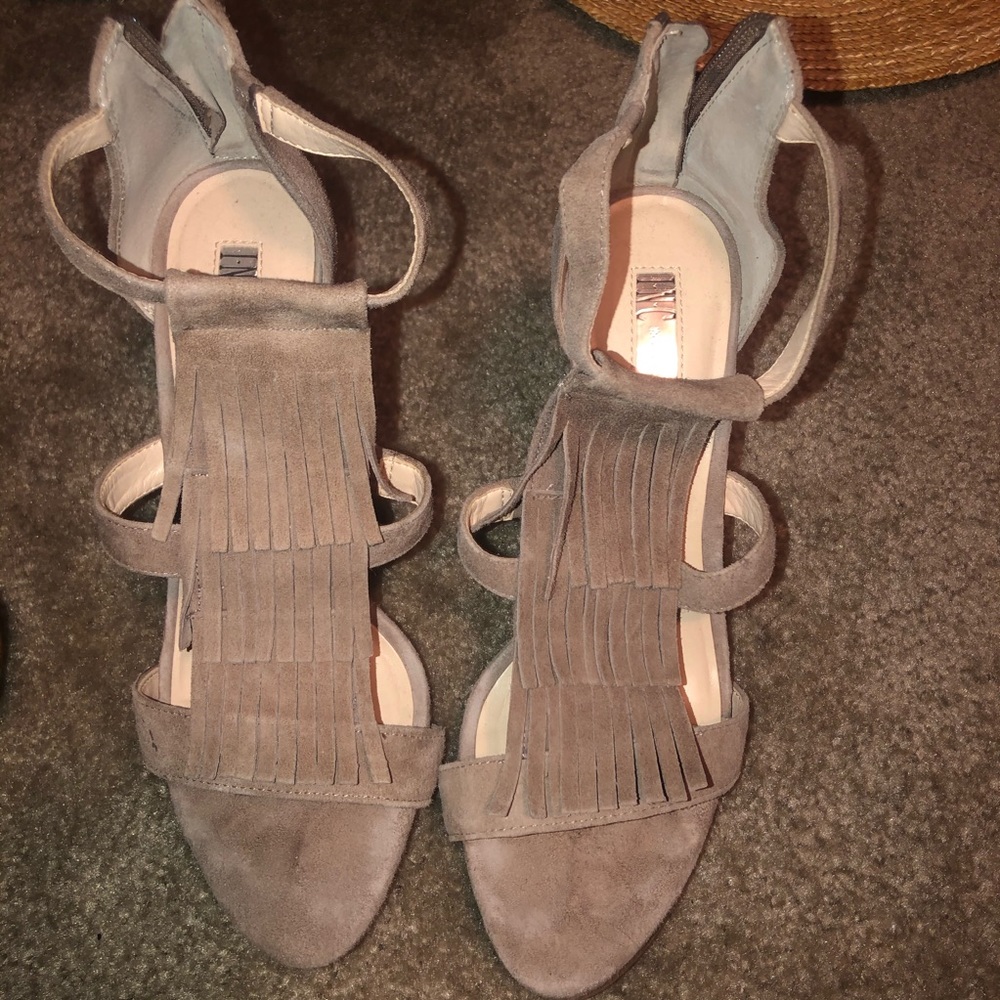 Taupe fringe heels
